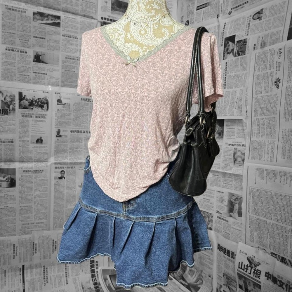 René Rofé Sleepwear Top Medium Pink Lace Trim Bow Y2K Fairycore Loungewear Tee